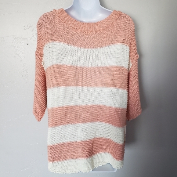 Twenty Ten Large Peach Orange & White Striped Sweater Knit Quarter Sleeve Blouse - Picture 5 of 7